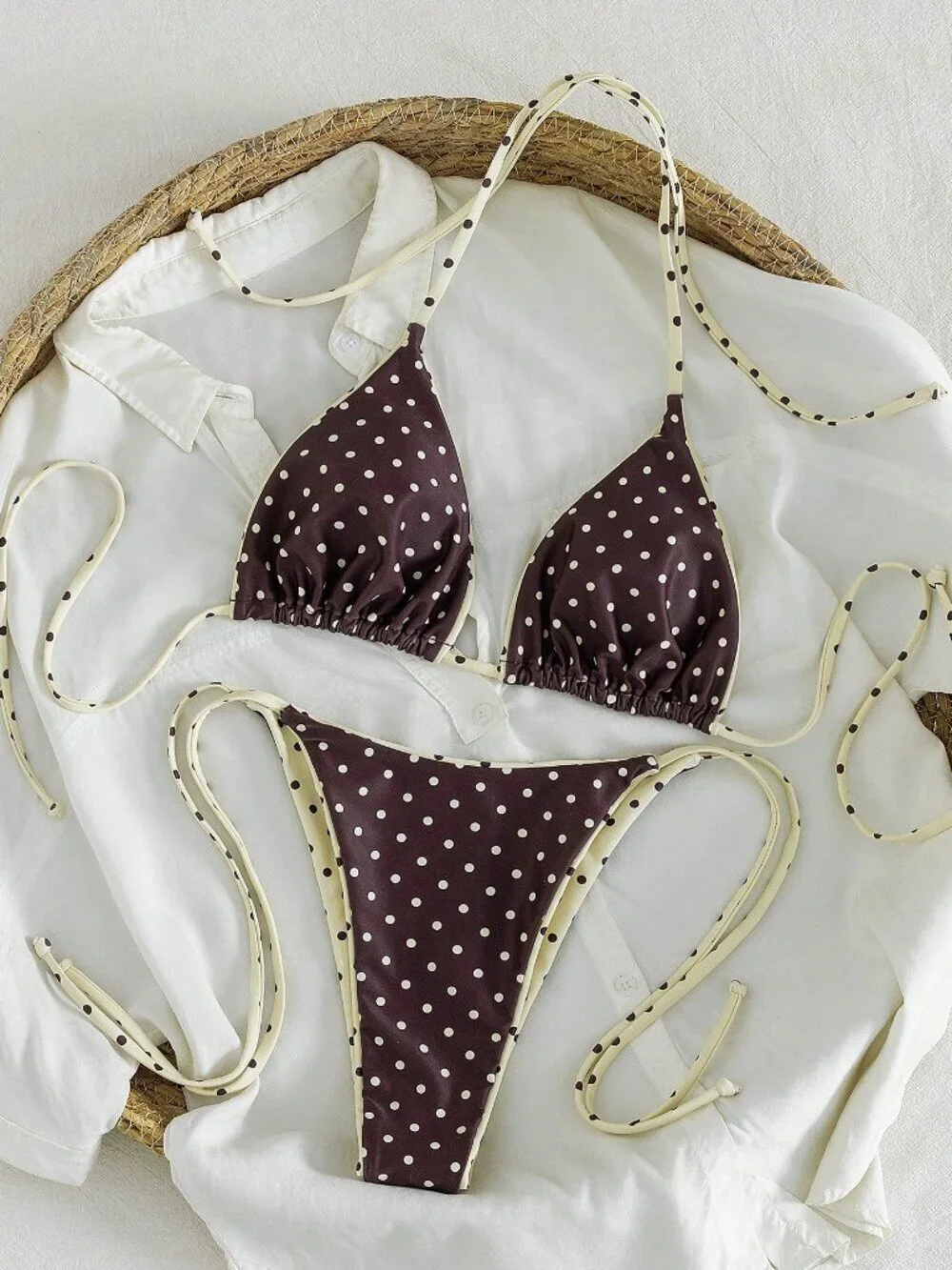 Brown Dots Sexy Women's Leopard Print Spaghetti Strap Tie-Up Bikini Set